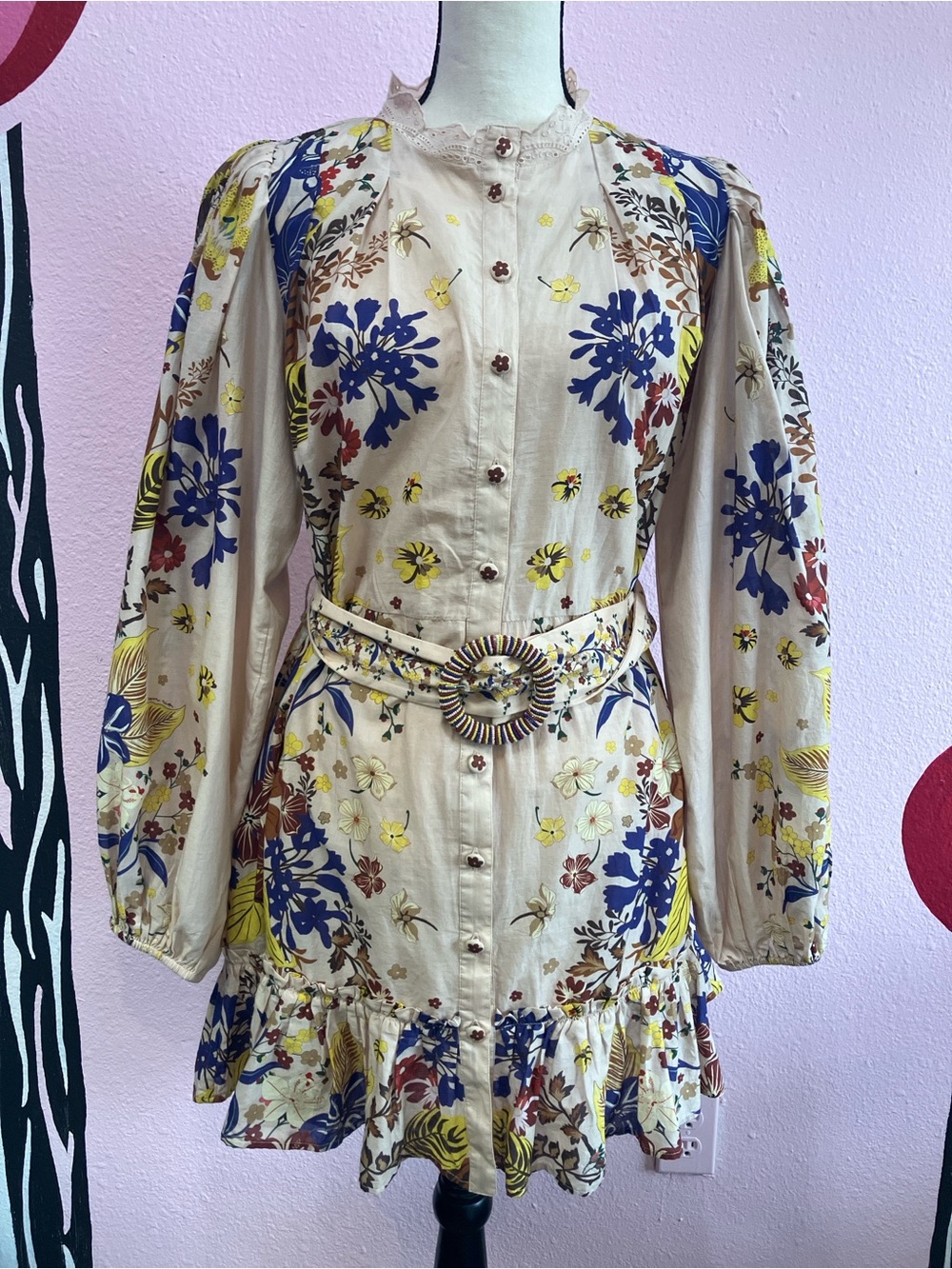 FARM Rio Women's Beige Beauty Bouquet Puff Sleeve Long Sleeve Mini Dress Size L
